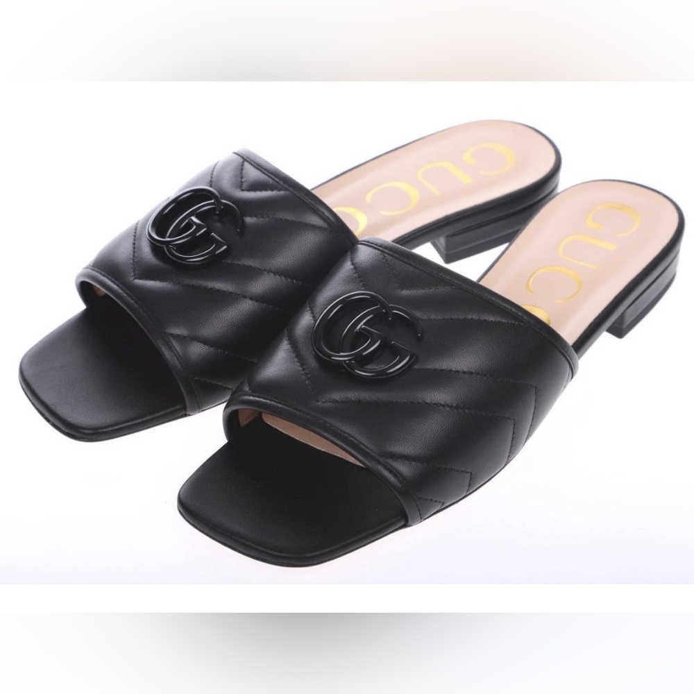 NEW GUCCI DOUBLE G BLACK CHEVRON MATELASSE LEATHER SLIDE SANDALS SHOES 36/US 6 - Picture 2 of 5